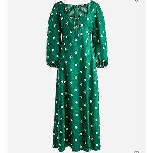 J.Crew Size 2 Sweetheart Long Sleeve Midi Dress Green White‎ Polka Dot Holiday